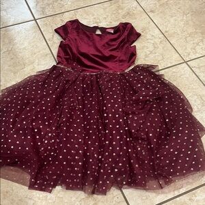 Elegant Burgundy Zunie Girl Tween Dress with Velvet knit bodice and Gold Accents